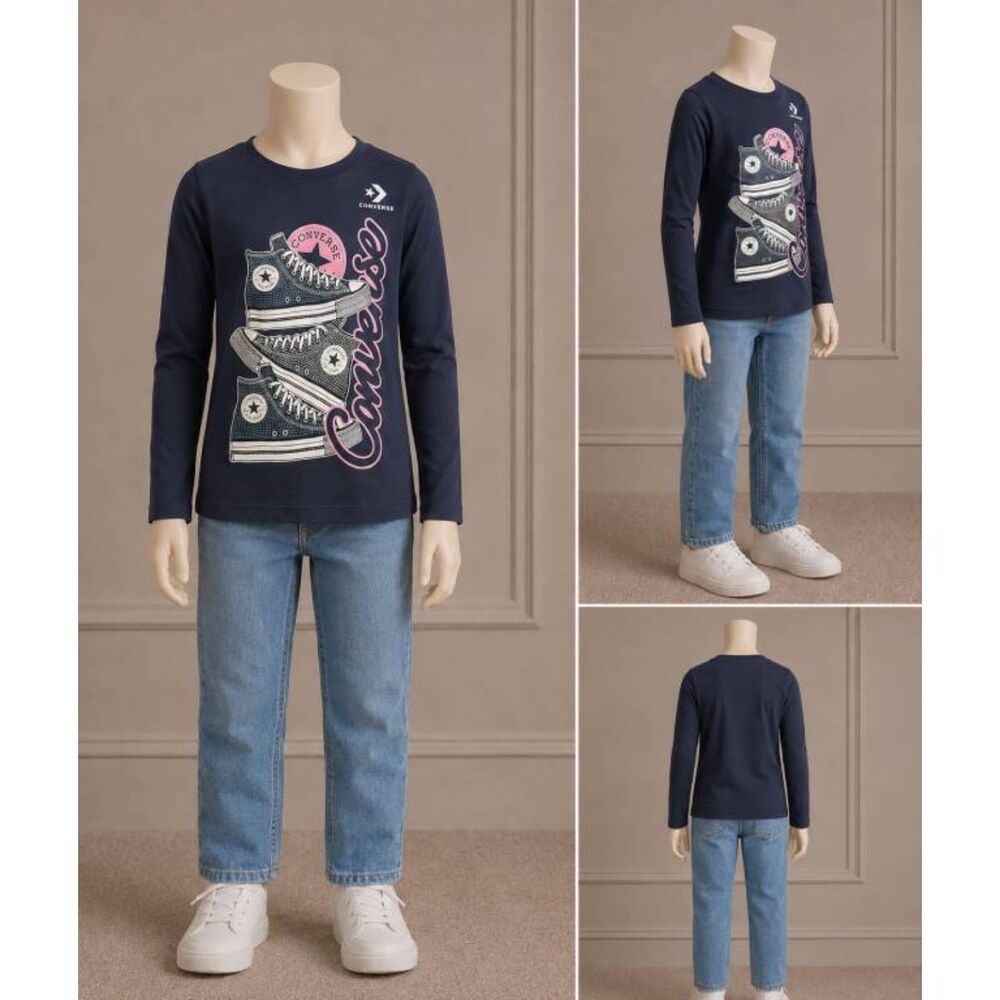 Converse Girls Long Sleeve Graphic Tee Navy Sneaker Logo Print